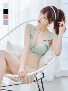 画像1: 【即日発送】【ビキニ】【水着】ショルダーフリルクロスビキニ/無地/シンプル[YMT] (1)