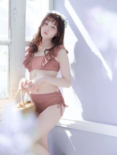 画像4: 【即日発送】【水着セール】【ビキニ】【水着】フリルショルダービキニ/ハイウエスト/無地/シンプル[YMT] (4)