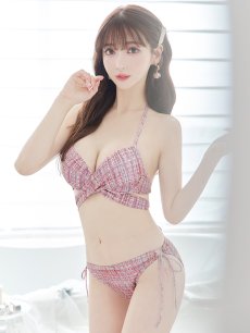 画像2: 【即日発送】【ビキニ】【水着】ツイードプリント バッククロスリボン クロスビキニ 2点セット[FB01](MG-SN003) (2)