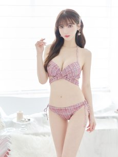 画像10: 【即日発送】【ビキニ】【水着】ツイードプリント バッククロスリボン クロスビキニ 2点セット[FB01](MG-SN003) (10)