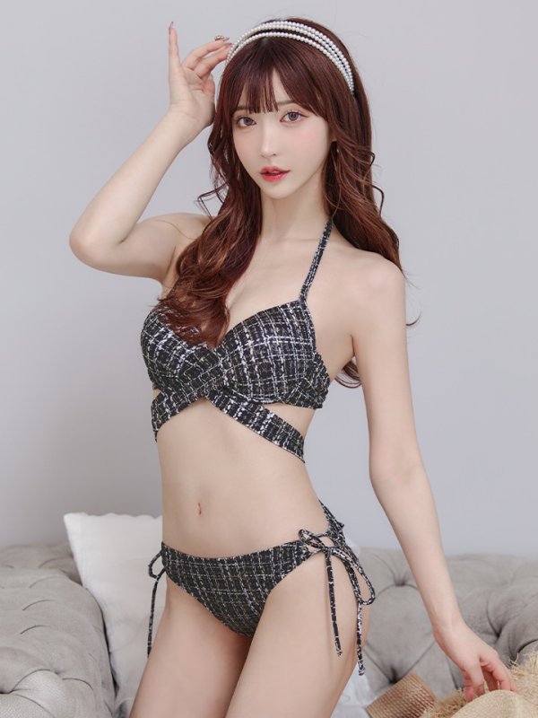 即日発送】【ビキニ】【水着】ツイードプリント バッククロスリボン