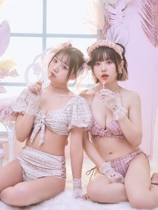 画像8: 【即日発送】【ビキニ】【水着】パフスリーブ 2way ツイードプリント ビキニ 2点セット[YMT] (8)