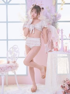 画像4: 【即日発送】【ビキニ】【水着】パフスリーブ 2way ツイードプリント ビキニ 2点セット[YMT] (4)