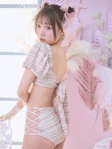 画像5: 【即日発送】【ビキニ】【水着】パフスリーブ 2way ツイードプリント ビキニ 2点セット[YMT] (5)