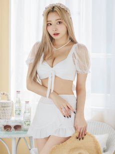 画像21: 【即日発送】【ビキニ】ドットシアースリーブスカート付きビキニ 3点セット【水着】[YMT] (21)