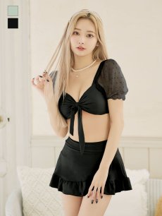 画像12: 【即日発送】【ビキニ】ドットシアースリーブスカート付きビキニ 3点セット【水着】[YMT] (12)