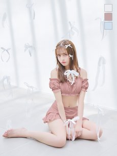 画像2: 【即日発送】【ビキニ】【水着】袖付きシャーリングトップス 4点セット[YMT] (2)