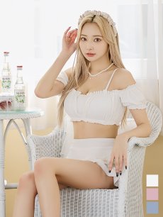 画像3: 【即日発送】【ビキニ】【水着】袖付きシャーリングトップス 4点セット[YMT] (3)