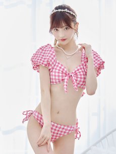 画像8: 【即日発送！】【ビキニ】【水着】ギンガムチェックパフスリビキニ 2点セット[YMT] (8)