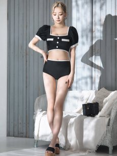 画像4: 【即日発送！】【ビキニ】韓国っぽパフスリパイピングビキニ 2点セット【水着】[YMT] (4)