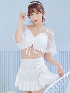 画像2: 【即日発送！】【ビキニ】【水着】ドットチュール袖バストフリルビキニ 3点セット[YMT] (2)