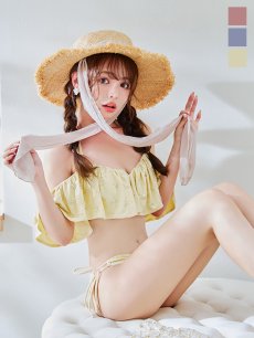 画像2: 【即日発送】【ビキニ】【水着】ビジューオフショルダーフリルビキニ 2点セット[YMT] (2)