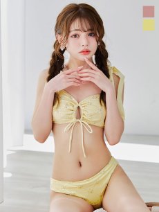 画像4: 【即日発送】【ビキニ】【水着】 ビジューギャザーフロントリボンビキニ ビキニ 2点セット[YMT] (4)