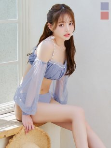 画像1: 【即日発送】【ビキニ】【水着】オフショルダーシアースリーブビキニ [YMT] (1)