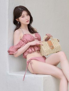 画像1: 【ビキニ】【水着】ホイップフリル・ビジューリボンオフショルスウィムウェア2点セット 2点セット[FB01]【予約 /6月下旬発送予定】 (1)