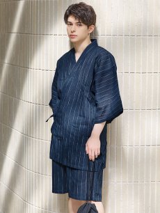 画像1: 【即日発送】【メンズ甚平】ネイビー地に白縞模様甚平  【甚平・下駄セット】[YMT] (1)