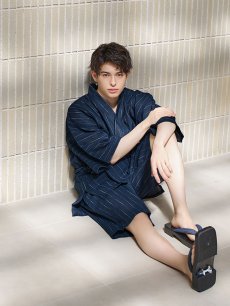 画像15: 【即日発送】【メンズ甚平】ネイビー地に白縞模様甚平  【甚平・下駄セット】[YMT] (15)