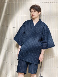 画像5: 【即日発送】【メンズ甚平】ネイビー地に白縞模様甚平  【甚平・下駄セット】[YMT] (5)