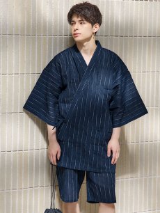 画像6: 【即日発送】【メンズ甚平】ネイビー地に白縞模様甚平  【甚平・下駄セット】[YMT] (6)