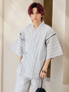 画像10: 【即日発送】【メンズ甚平】白地に黒縞模様甚平【甚平・帯・下駄セット】  [YMT] (10)