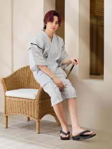 画像12: 【即日発送】【メンズ甚平】白地に黒縞模様甚平【甚平・帯・下駄セット】  [YMT] (12)