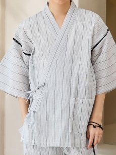 画像17: 【即日発送】【メンズ甚平】白地に黒縞模様甚平【甚平・帯・下駄セット】  [YMT] (17)