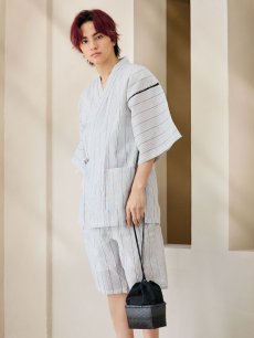 画像3: 【即日発送】【メンズ甚平】白地に黒縞模様甚平【甚平・帯・下駄セット】  [YMT] (3)