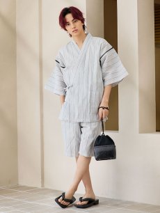 画像4: 【即日発送】【メンズ甚平】白地に黒縞模様甚平【甚平・帯・下駄セット】  [YMT] (4)