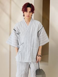 画像6: 【即日発送】【メンズ甚平】白地に黒縞模様甚平【甚平・帯・下駄セット】  [YMT] (6)