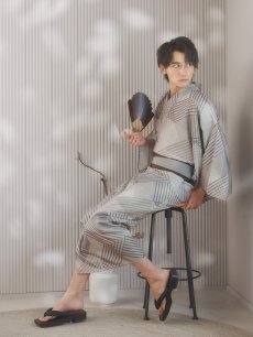 画像11: 【即日発送！】【メンズ浴衣】ベージュ幾何学的模様浴衣【浴衣・帯・下駄セット】 [YMT] (11)