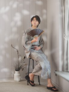 画像12: 【即日発送！】【メンズ浴衣】ベージュ幾何学的模様浴衣【浴衣・帯・下駄セット】 [YMT] (12)