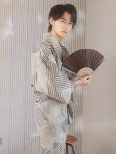 画像1: 【即日発送！】【メンズ浴衣】ベージュ幾何学的模様浴衣【浴衣・帯・下駄セット】 [YMT] (1)