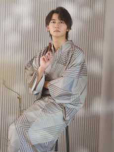 画像2: 【即日発送！】【メンズ浴衣】ベージュ幾何学的模様浴衣【浴衣・帯・下駄セット】 [YMT] (2)
