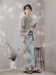 画像3: 【即日発送！】【メンズ浴衣】ベージュ幾何学的模様浴衣【浴衣・帯・下駄セット】 [YMT] (3)