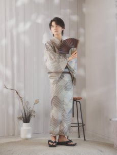 画像5: 【即日発送！】【メンズ浴衣】ベージュ幾何学的模様浴衣【浴衣・帯・下駄セット】 [YMT] (5)