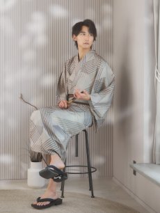 画像7: 【即日発送！】【メンズ浴衣】ベージュ幾何学的模様浴衣【浴衣・帯・下駄セット】 [YMT] (7)
