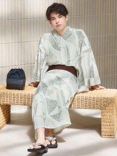 画像1: 【即日発送！】【メンズ浴衣】カーキグリーン幾何学的模様浴衣【浴衣・帯・下駄セット】 [FB03] (1)