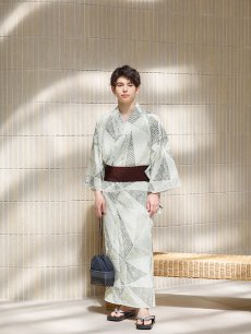 画像11: 【即日発送！】【メンズ浴衣】カーキグリーン幾何学的模様浴衣【浴衣・帯・下駄セット】 [FB03] (11)