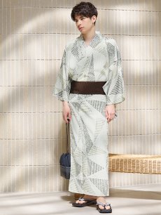 画像3: 【即日発送！】【メンズ浴衣】カーキグリーン幾何学的模様浴衣【浴衣・帯・下駄セット】 [FB03] (3)