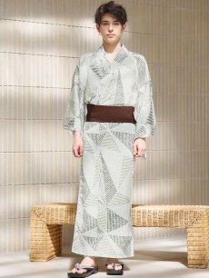 画像4: 【即日発送！】【メンズ浴衣】カーキグリーン幾何学的模様浴衣【浴衣・帯・下駄セット】 [FB03] (4)