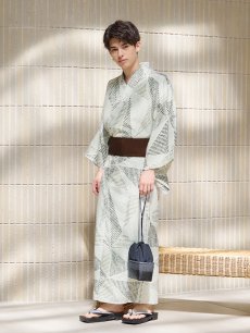 画像6: 【即日発送！】【メンズ浴衣】カーキグリーン幾何学的模様浴衣【浴衣・帯・下駄セット】 [FB03] (6)