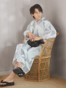 画像1: 【即日発送！】【メンズ浴衣】カーキグリーン幾何学的模様浴衣【浴衣・帯・下駄セット】 [YMT] (1)