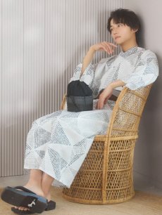 画像2: 【即日発送！】【メンズ浴衣】カーキグリーン幾何学的模様浴衣【浴衣・帯・下駄セット】 [YMT] (2)