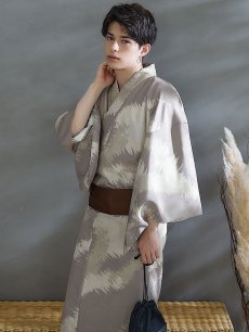 画像1: 【即日発送！】【メンズ浴衣】グレージュモザイク柄浴衣【浴衣・帯・下駄セット】 [FB03] (1)