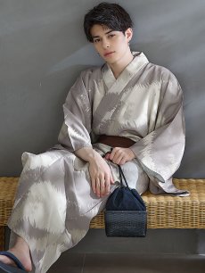 画像2: 【即日発送！】【メンズ浴衣】グレージュモザイク柄浴衣【浴衣・帯・下駄セット】 [FB03] (2)