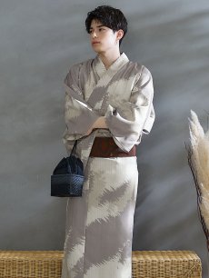 画像3: 【即日発送！】【メンズ浴衣】グレージュモザイク柄浴衣【浴衣・帯・下駄セット】 [FB03] (3)