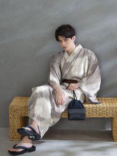画像6: 【即日発送！】【メンズ浴衣】グレージュモザイク柄浴衣【浴衣・帯・下駄セット】 [FB03] (6)