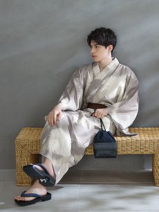 画像9: 【即日発送！】【メンズ浴衣】グレージュモザイク柄浴衣【浴衣・帯・下駄セット】 [FB03] (9)