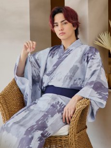 画像1: 【即日発送！】【メンズ浴衣】くすみブルーグレーモザイク柄浴衣【浴衣・帯・下駄セット】 [YMT] (1)