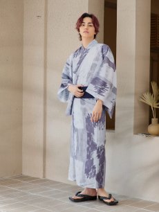 画像12: 【即日発送！】【メンズ浴衣】くすみブルーグレーモザイク柄浴衣【浴衣・帯・下駄セット】 [YMT] (12)